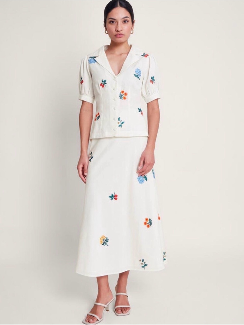 Monsoon Cream Maxi Skirt with Floral Embroidery